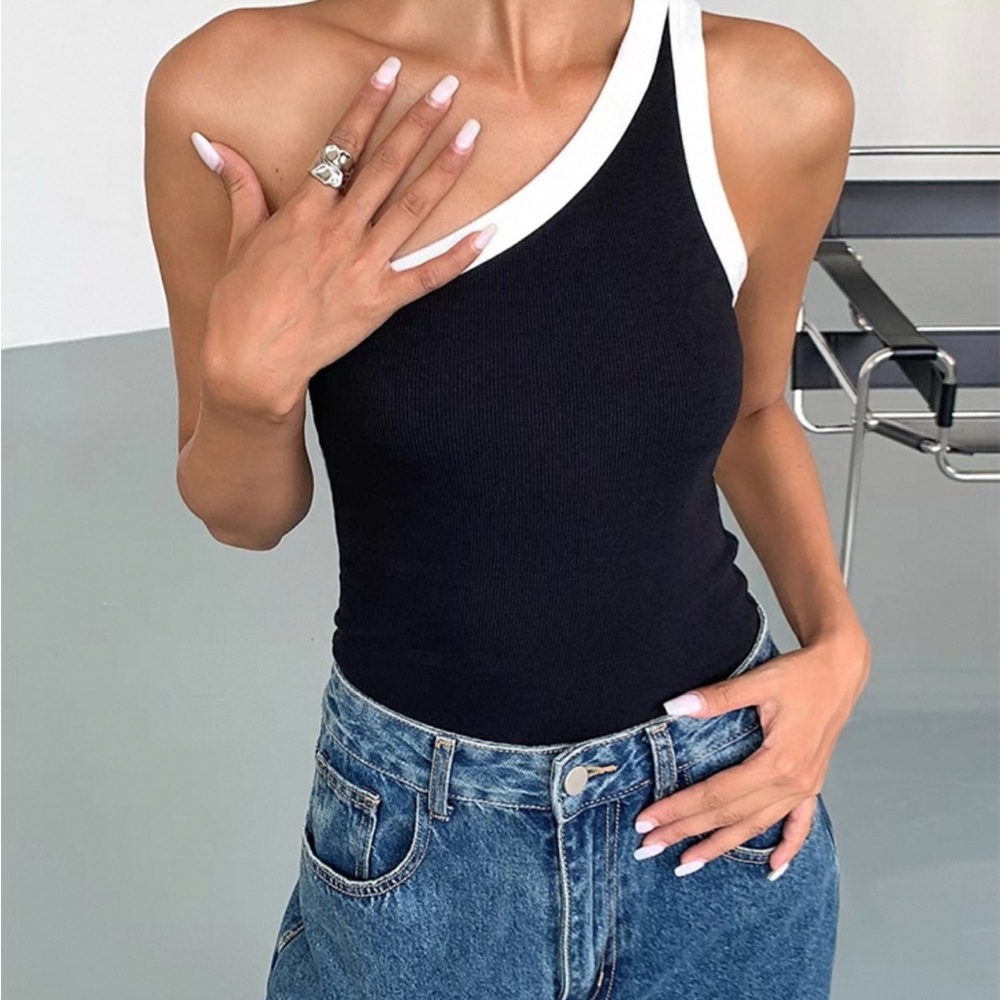 One-Shoulder Black and White Women's Top